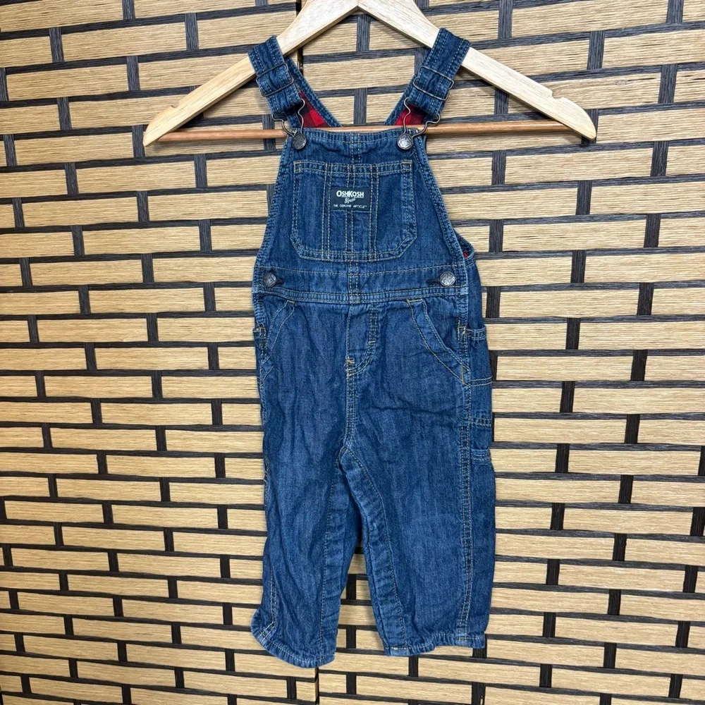 Osh Kosh Denim Plaid Lined Overalls Size 18 Months‎